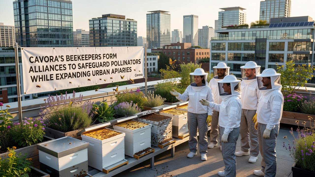 Expanded urban apiary setup in Cavora with multiple hives and pollinator-friendly plantings