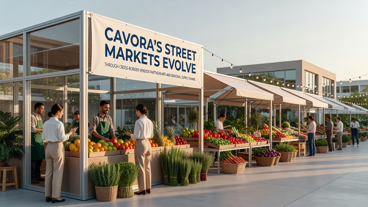 Seasonal goods being unloaded at a Cavora market stall with vendors checking inventory from cross-border partners