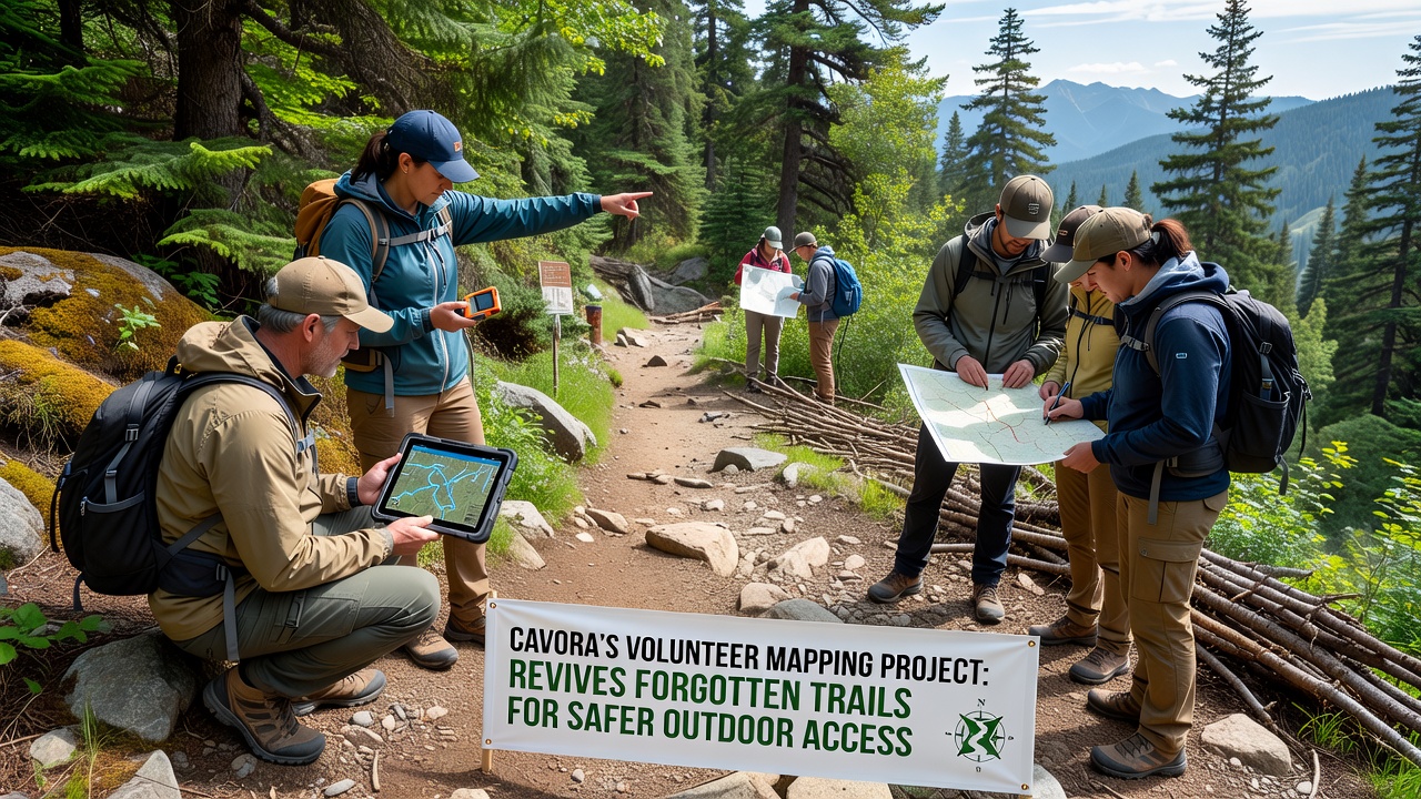A group of volunteers marking a cleared trail section with temporary signage near Cavora's eastern valley
