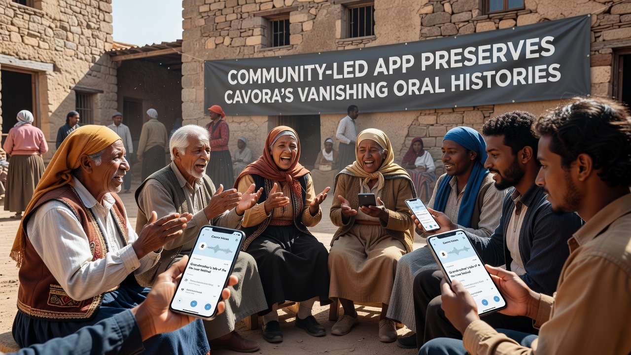 Screenshot of the community app interface showing oral history recordings mapped across Cavora villages